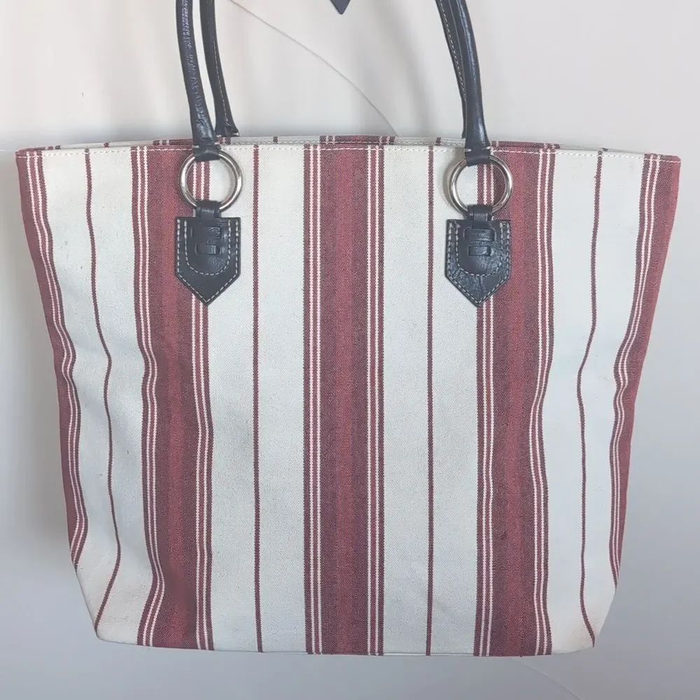 Banana Republic XL Striped Red & Cream Canvas Tote Bag w Black Leather Handles - Picture 17 of 17